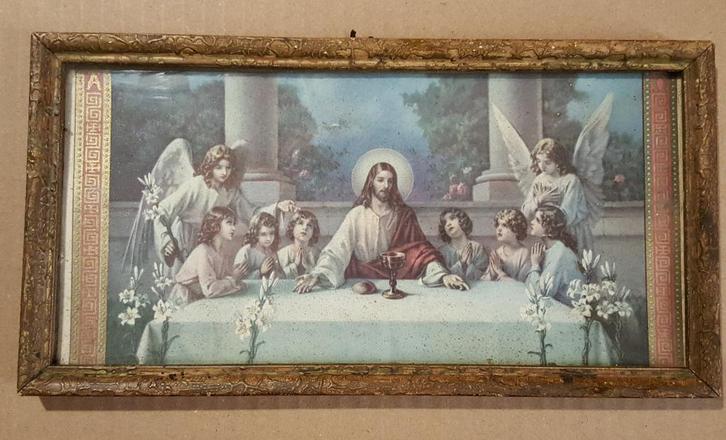 Antieke devotieprent eerste communie, ingelijst, Verzamelen, Religie, Gebruikt, Christendom | Katholiek, Kaart of Prent, Ophalen of Verzenden