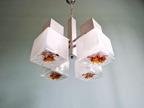 Mazzega kubieke kroonluchter, Space Age-stijl, 1970, Huis en Inrichting, Lampen | Kroonluchters, Gebruikt, Glas, Metaal, Ophalen of Verzenden