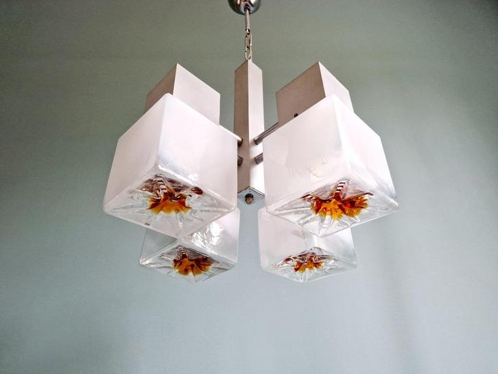 Mazzega kubieke kroonluchter, Space Age-stijl, 1970, Huis en Inrichting, Lampen | Kroonluchters, Gebruikt, Glas, Metaal, Ophalen of Verzenden