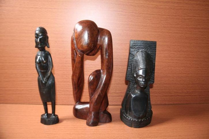 Houten beeld de denker en 2 afrikaanse beelden, Antiek en Kunst, Kunst | Beelden en Houtsnijwerken, Ophalen of Verzenden