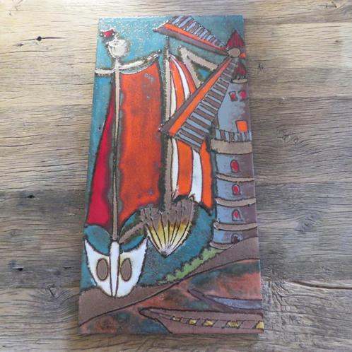 Vintage Midcentury keramiek wandpaneel boten en molen 60x30, Antiek en Kunst, Antiek | Keramiek en Aardewerk, Ophalen of Verzenden