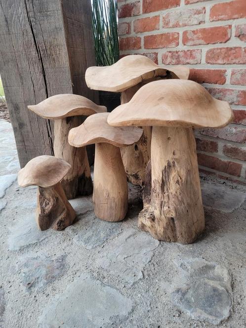 Champignons en bois de teck, lot de 5 ! Du plus petit au plu, Jardin & Terrasse, Décoration murale de jardin, Comme neuf, Enlèvement ou Envoi