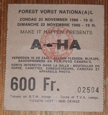 A-Ha concertticket Vorst Nationaal 1986 billet concert