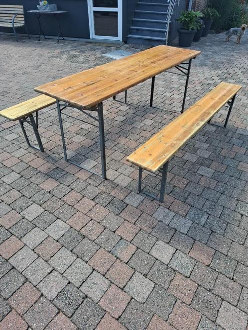 BIERTAFEL + BANKEN / TUINTAFEL + BANKEN, Tuin en Terras, Picknicktafels, Gebruikt, Rechthoekig, Hout, Inklapbaar, Ophalen