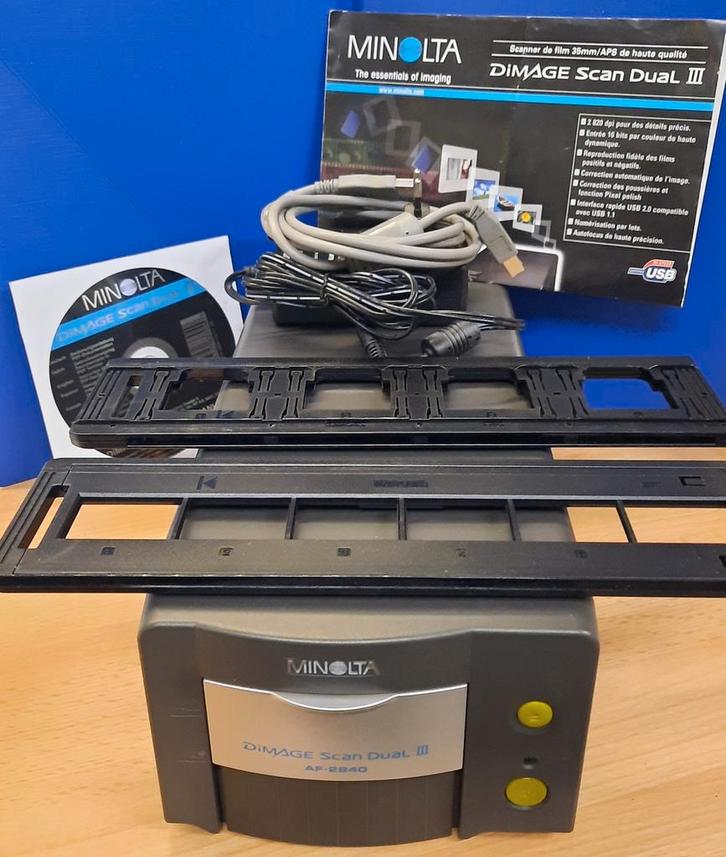 MINOLTA DiMAGE Scan Dual III AF-2840 dias-/negatiefscanner, Computers en Software, Scanners, Zo goed als nieuw, Diascanner, MacOS