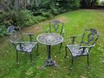 Antieke gietijzeren bistro tuinset: tafel met 3 stoelen, Ophalen, Zo goed als nieuw, Tuinset