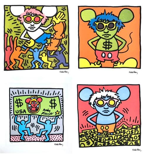 Unieke set (4 Litho+certificaten) Keith Haring “Andy Mouse”, Antiquités & Art, Art | Lithographies & Sérigraphies, Enlèvement ou Envoi