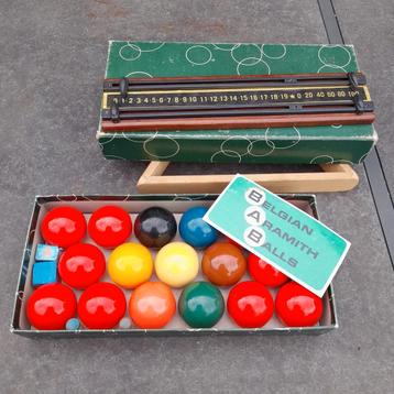 Vintage doos Aramith 1 7/8" snooker 18 ball set driehoek 