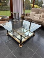 Salontafel met bijzettafel in glas met gouden accenten, Huis en Inrichting, Tafels | Salontafels, Ophalen, Zo goed als nieuw, Glas