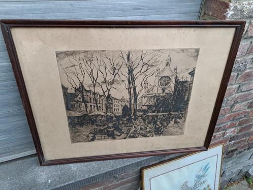 gravure place st catherine signe jean van cleemput, Antiek en Kunst, Kunst | Etsen en Gravures, Ophalen of Verzenden