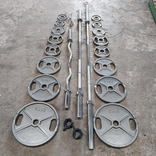 120 kilo Olympische Gewichten set + 3 Olympische barbells, Sport en Fitness, Fitnessmaterialen, Zo goed als nieuw, Ophalen