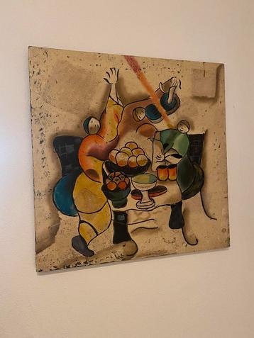 Uniek en expressief schilderij dat een levendige scène mense beschikbaar voor biedingen