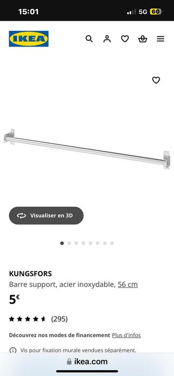 Barre support Kungsfors acier Ikea neuve emballee, Enlèvement ou Envoi, Comme neuf
