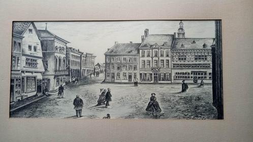 Tekening "Hasselt anno 1868" (Grote Markt), Antiek en Kunst, Kunst | Tekeningen en Fotografie, Ophalen