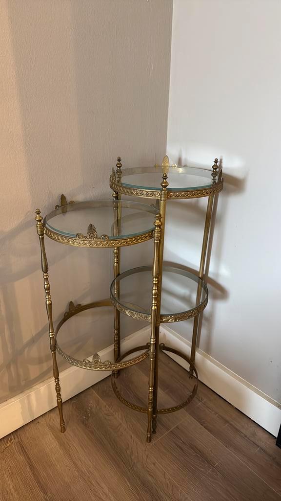 2x Vintage messing etagère tafeltje – rond glas, Huis en Inrichting, Tafels | Bijzettafels, Zo goed als nieuw, Rond, Glas, Ophalen