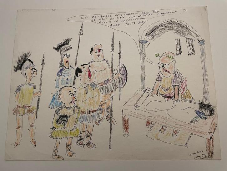 “Alea Jacta Est” Dessin coloré satirique, Antiek en Kunst, Kunst | Tekeningen en Fotografie, Ophalen of Verzenden
