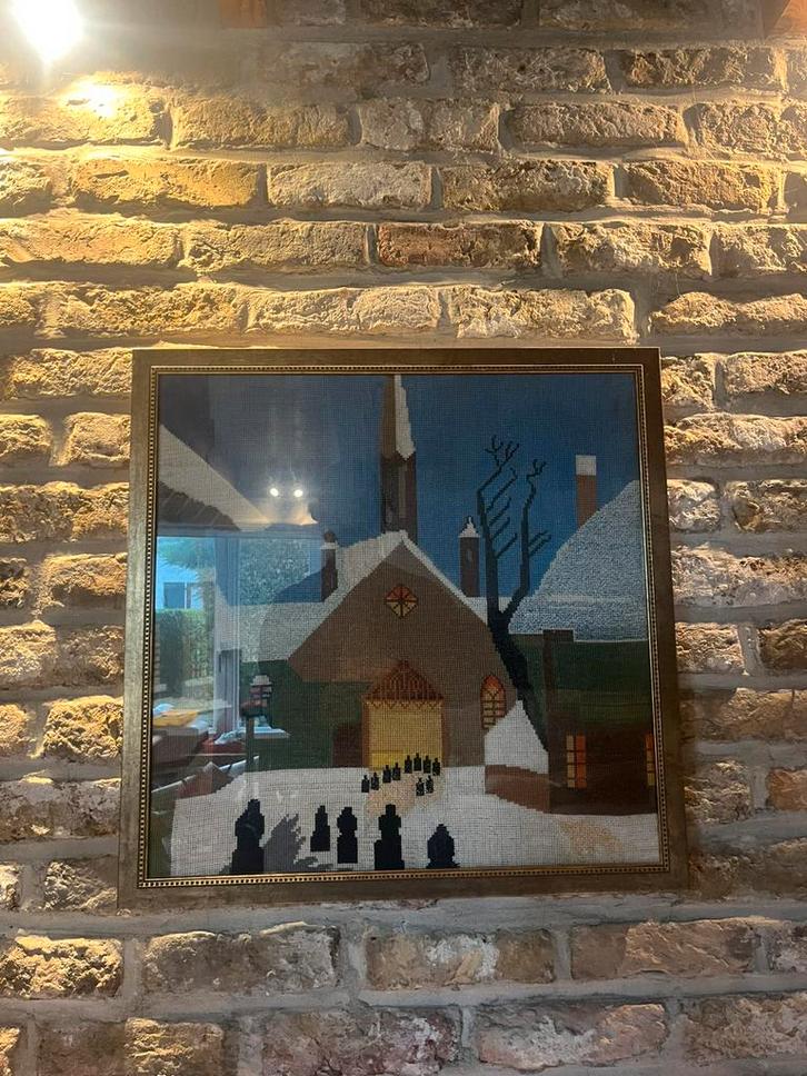 Handgemaakt borduurwerk in lijst – winters dorpsgezicht, Antiek en Kunst, Kunst | Schilderijen | Abstract, Ophalen of Verzenden
