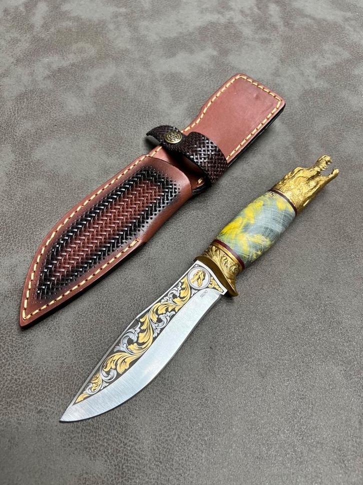 Prachtig handgemaakt jachtmes met schede 24k gold, Verzamelen, Militaria | Algemeen, Ophalen of Verzenden