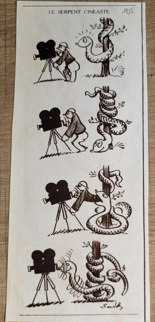 Oude, humoristische prent: Le serpent cinéaste (1935), Enlèvement ou Envoi, Avant 1940, Gravure, Utilisé
