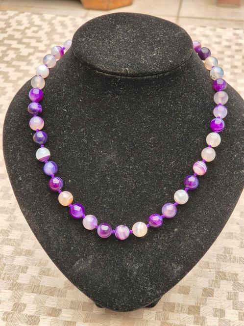 Vintage paarse gestreepte Agaat ketting met goede slot, Handtassen en Accessoires, Kettingen, Zo goed als nieuw, Ophalen of Verzenden