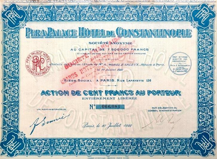 Pera Palace (Agatha Christie) Hôtel de Constantinople 1922, Postzegels en Munten, Aandelen en Waardepapieren, Aandeel, 1920 tot 1950