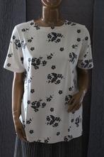 T-shirt met zwarte bloemen beige maat 42/44, Beige, Manches courtes, Porté, Taille 42/44 (L)