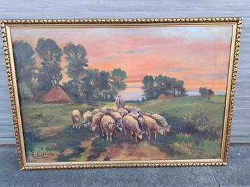 Huile sur toile berger et ses moutons signe f oudenne beschikbaar voor biedingen