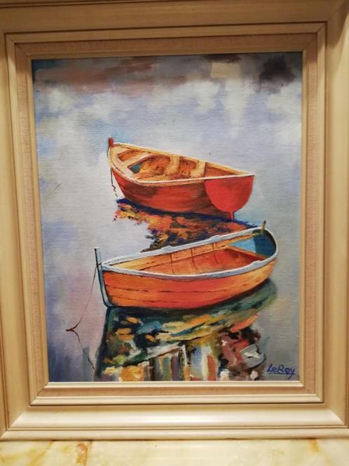 * A. Leroy, Olie op doek: Boten op het meer, Antiek en Kunst, Kunst | Schilderijen | Klassiek, Ophalen of Verzenden