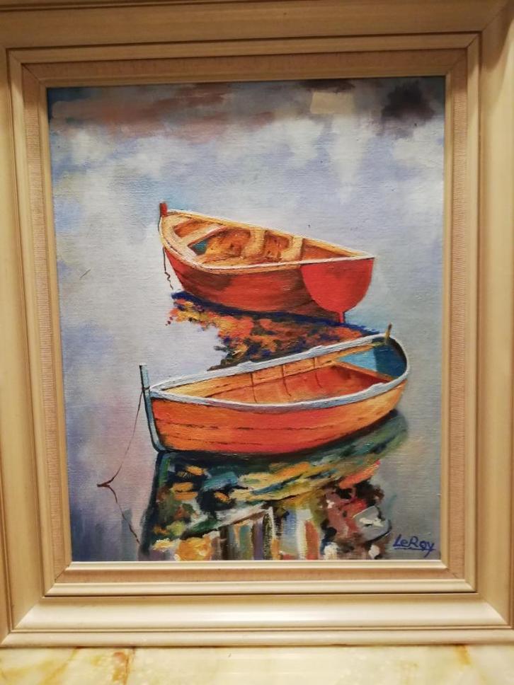 * A. Leroy, Olie op doek: Boten op het meer, Antiek en Kunst, Kunst | Schilderijen | Klassiek, Ophalen of Verzenden