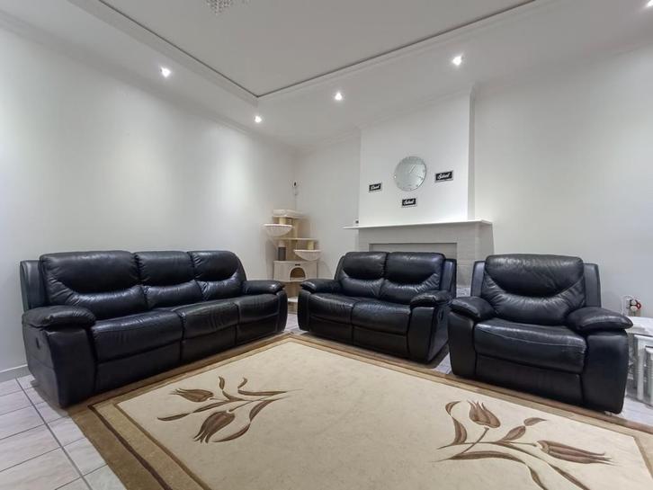 🔥 Salon complet Relax en cuir noir 3+2+1 places 🔥, Huis en Inrichting, Zetels | Zetels, Leer, Ophalen