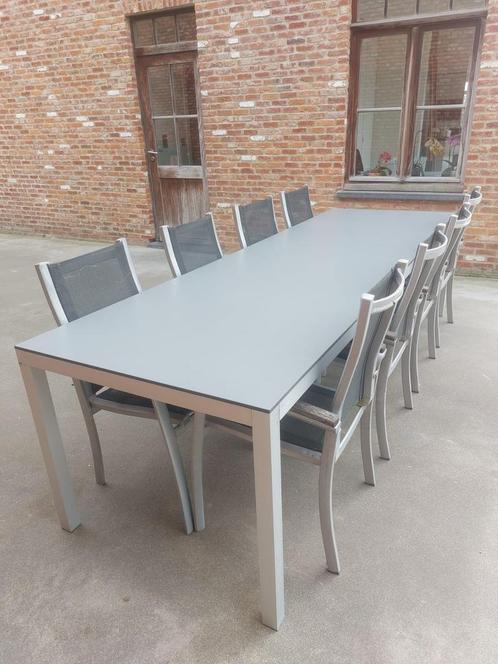 Bureautafel/tuintafel in trespa en geborstelde aluminium, Tuin en Terras, Tuintafels, Gebruikt, Rechthoekig, Aluminium, Ophalen