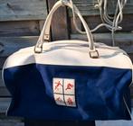 Vintage sporttas wit leder met blauwe stevige stof, Handtassen en Accessoires, Tassen | Reistassen en Weekendtassen, Ophalen of Verzenden