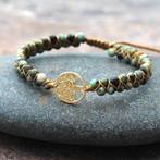 Gevlochten armband met Jade en Levensboom goudkleurig, Bijoux, Sacs & Beauté, Bracelets, Avec bracelets à breloques ou perles