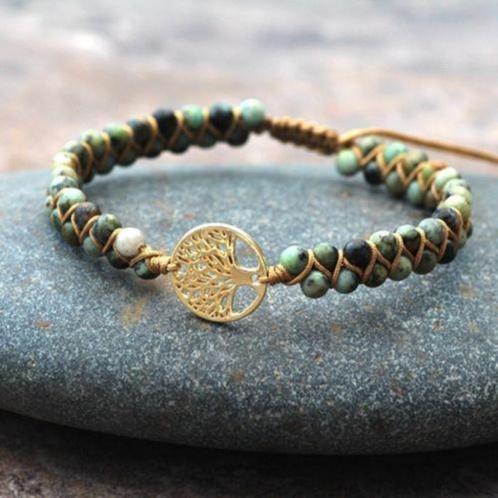 Gevlochten armband met Jade en Levensboom goudkleurig, Bijoux, Sacs & Beauté, Bracelets, Neuf, Or, Avec bracelets à breloques ou perles