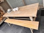 Volhouten tafel en banken, Huis en Inrichting, Ophalen, Gebruikt, Eikenhout, 50 tot 100 cm
