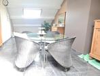 Eetkamertafel glazen blad met houtinleg 130cm + 4 stoelen, Ophalen, Zo goed als nieuw, Rond