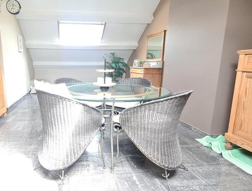 Eetkamertafel glazen blad met houtinleg 130cm + 4 stoelen, Huis en Inrichting, Tafels | Eettafels, Zo goed als nieuw, Rond, Ophalen