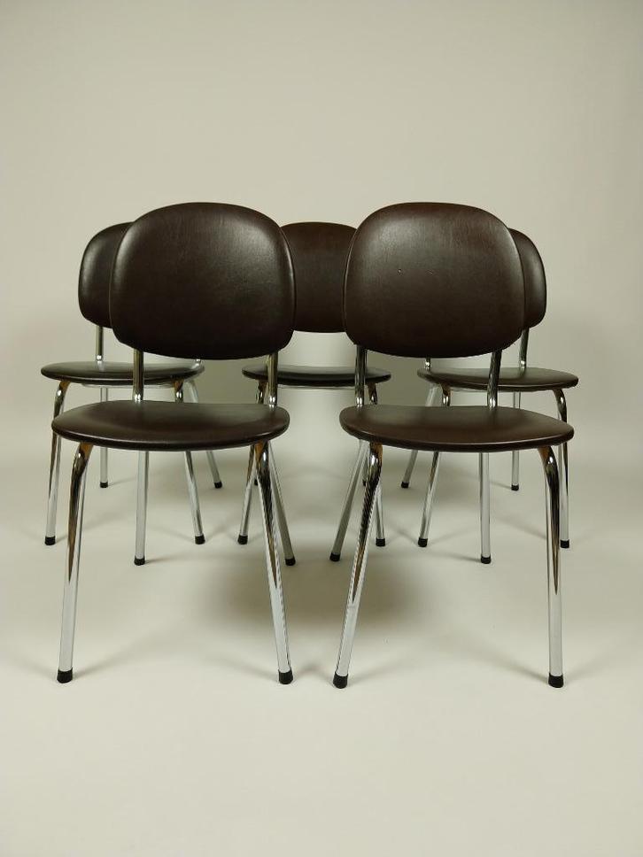 5 x Vintage Stoelen in Skai Leer, Jaren 70 - 80, Huis en Inrichting, Stoelen, Gebruikt, Vijf, Zes of meer stoelen, Leer, Metaal
