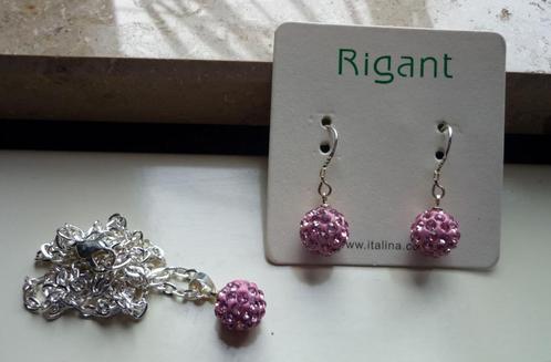Set ketting hanger en oorbellen bol Strass Roze Shamballa, Handtassen en Accessoires, Kettingen, Zilver, Roze, Met hanger, Ophalen of Verzenden