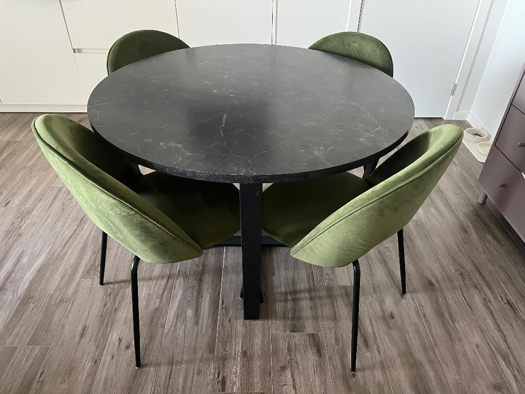 Ronde eettafel (marmer look) met metalen onderstel, Huis en Inrichting, Tafels | Eettafels, Zo goed als nieuw, 100 tot 150 cm