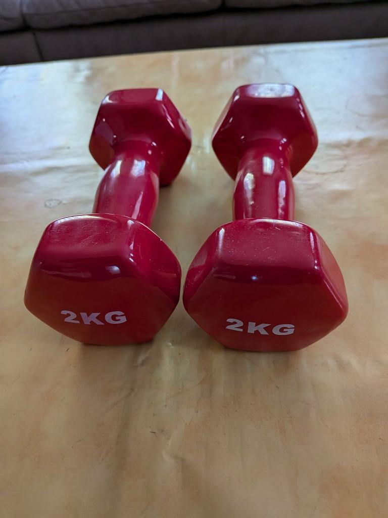 Dumbbels rode van 2 kg, Sports & Fitness, Équipement de fitness, Enlèvement ou Envoi, Comme neuf, Haltère