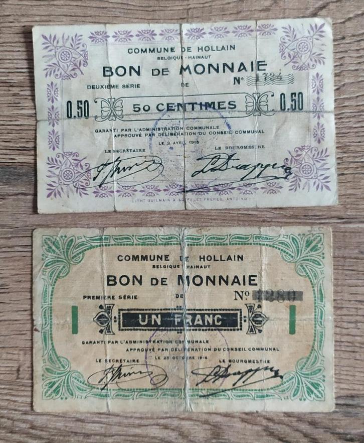 HO58 + HO55 - Hollain - 50 cents 1915 et 1 franc 1914, Timbres & Monnaies, Billets de banque | Belgique, Série, Enlèvement ou Envoi