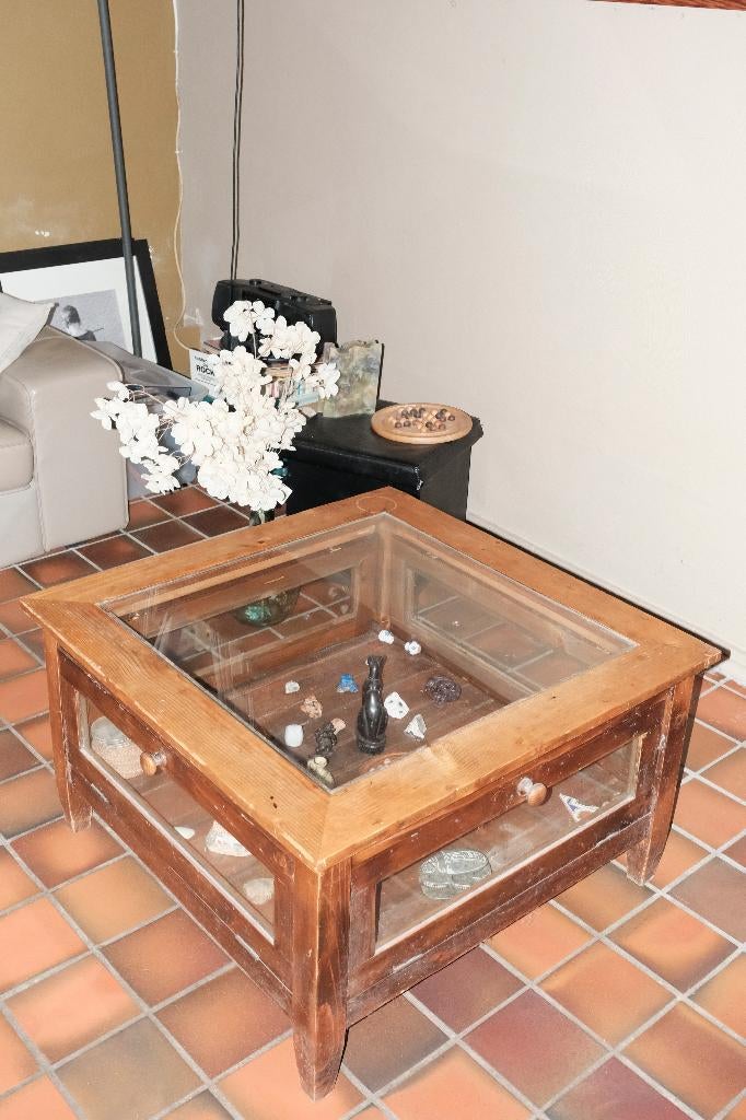 Table basse vitrine en bois, Pin, 75 cm ou plus, 50 à 100 cm, Carré