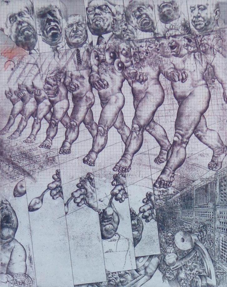 OLDRICH KULHANEK / SITUATION 5 / KLEURETS / 65x48cm / SIG, Antiek en Kunst, Kunst | Litho's en Zeefdrukken, Ophalen of Verzenden