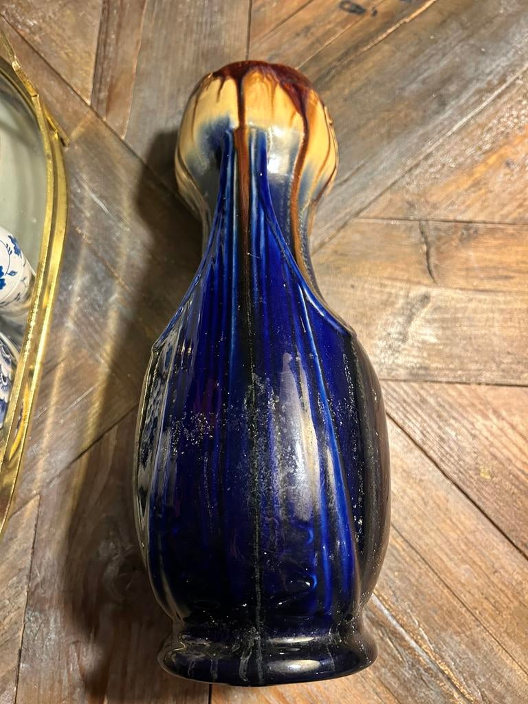 Vintage vaas Faiencerie de Thulin kobaltblauw druppelglazuur, Ophalen of Verzenden, Zo goed als nieuw