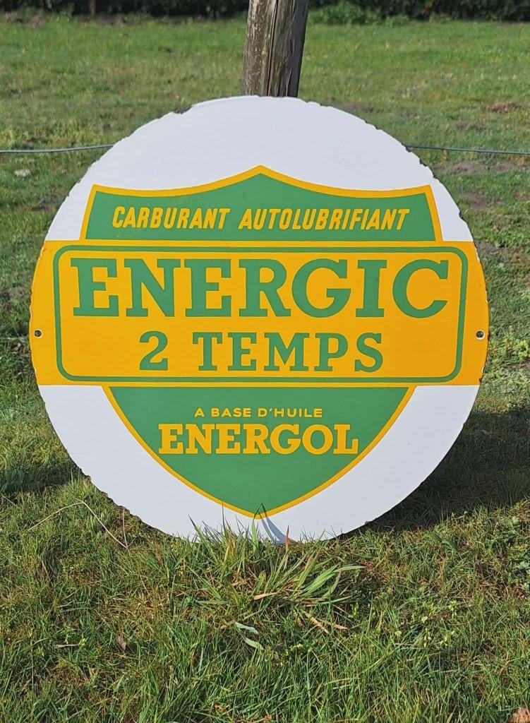 BP Energol dubbelzijdig emaille bord ENERGIC 2 TEMPS️⛽️, Enlèvement ou Envoi, Utilisé, Panneau publicitaire