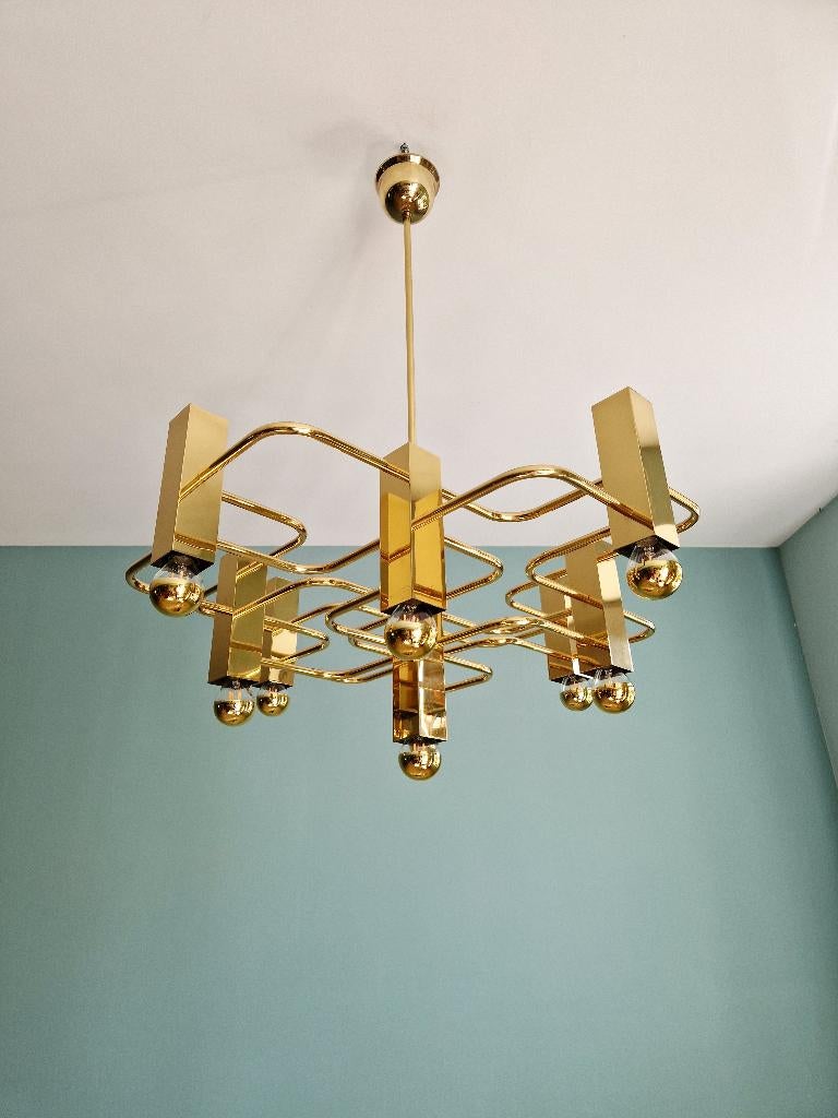 Koperen kroonluchter, ontworpen G. Sciolari, Boulanger, 1970, Ophalen