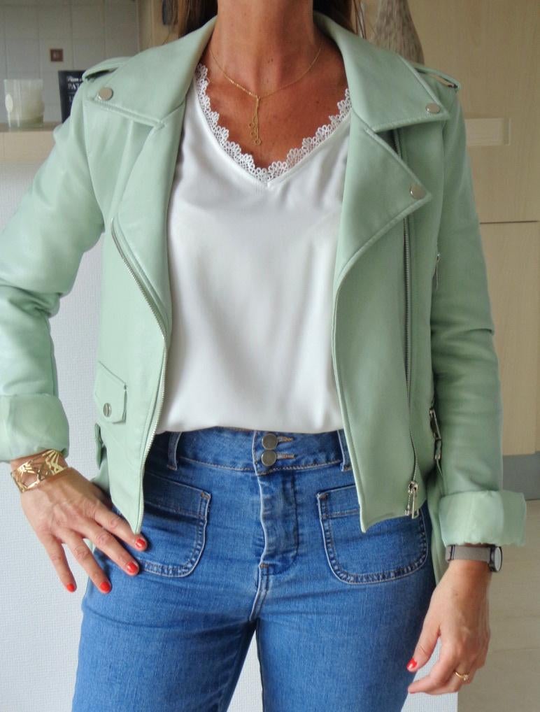 Perfecto simili cuir vert d'eau, Copperose, Enlèvement ou Envoi, Comme neuf, Taille 36 (S)