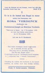 Dochtertje. Verdonck Rosa. ° Ieper 1952 † Zillebeke 1952, Enlèvement ou Envoi, Image pieuse