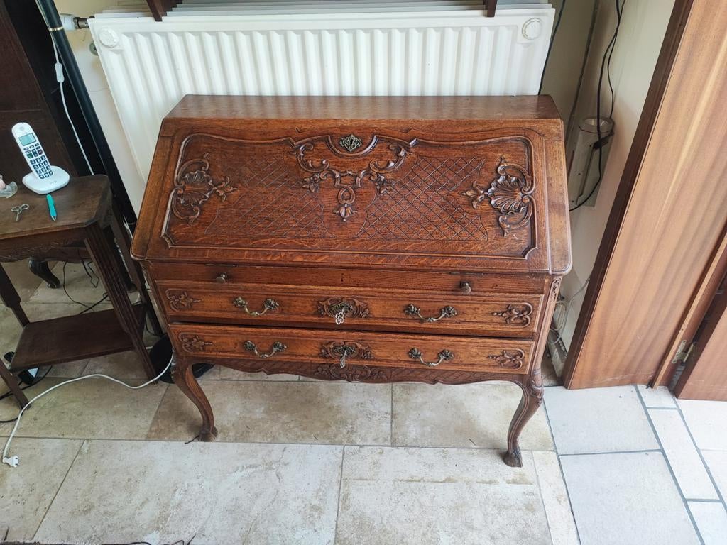 Secrétaire à abattant style Louis XV - Chêne massif sculpté, Enlèvement